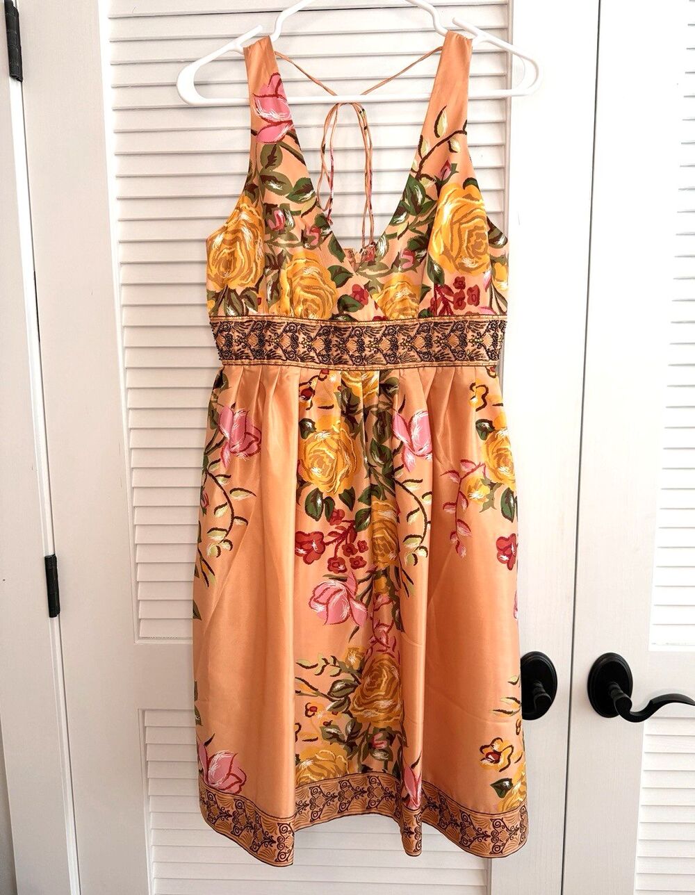 Vtg Y2K Forever 21 Peach Floral Satin Babydoll Mini Dress Fairycore Boho Med